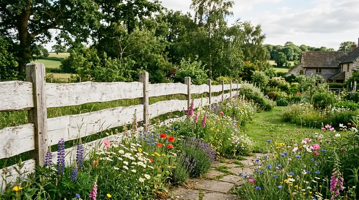 Farmhouse-style wood fence with rough-cut planks, whitewashed accents, and wildflower border.