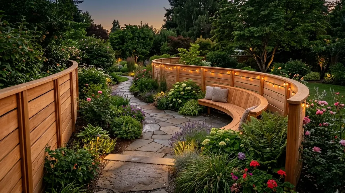 Curved natural wood fence following garden contours with built-in bench and soft lighting.