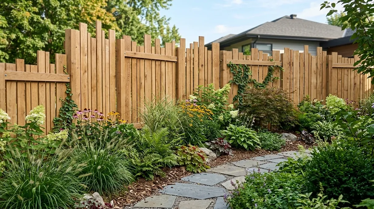 Mixed-height wood privacy fence with staggered panels, oak finish, and layered greenery.