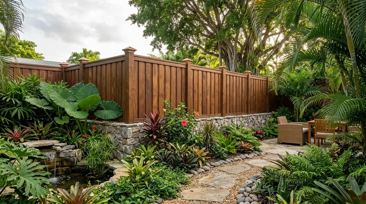 Tall solid wood fence with walnut stain, stone base, tropical plants, and decorative post caps.