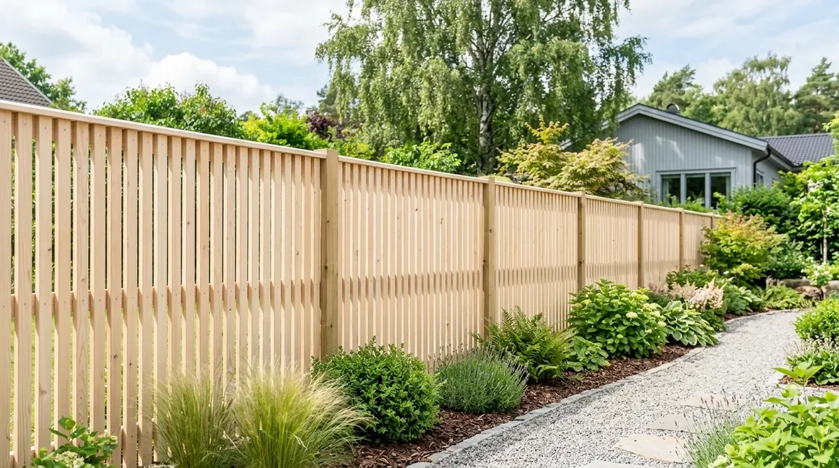 Scandinavian minimalist wood fence with pale pine slats, clean spacing, and simple bright landscaping.