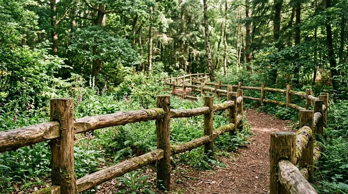 Rustic log-style fence with thick round timber posts, bark texture, moss accents, and forest garden setting.