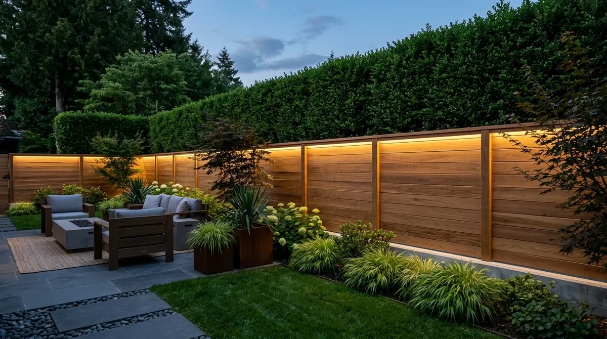 Luxury modern wood fence with teak panels, integrated LED strips, hidden fasteners, and manicured hedge backdrop.