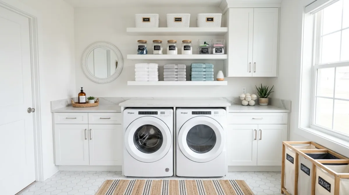 Organized laundry room with shaker cabinets, labeled bins, quartz countertop, folded towels, and bright daylight.