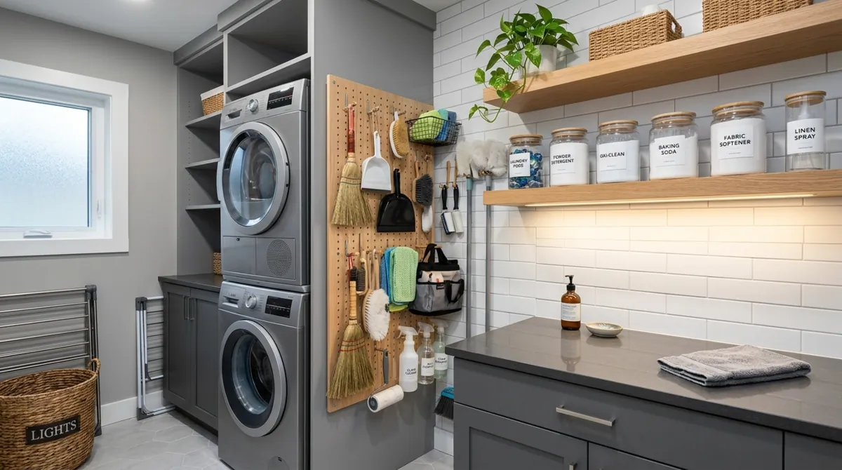 Highly organized laundry space with pegboard tools, glass jars, stacked appliances, and floating shelves.