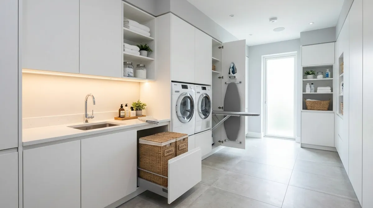 Modern organized laundry room with tall built-ins, pull-out hampers, hidden ironing board, and LED lighting.