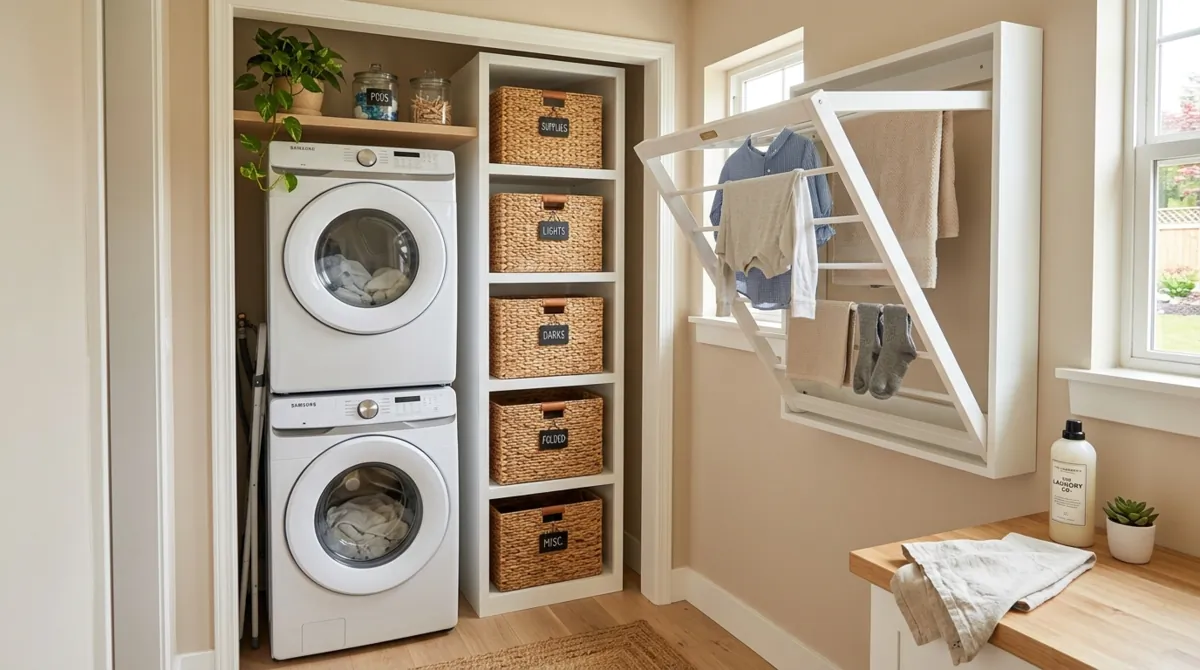 Compact laundry nook with stacked appliances, vertical shelving, labeled wicker baskets, and fold-down drying rack.