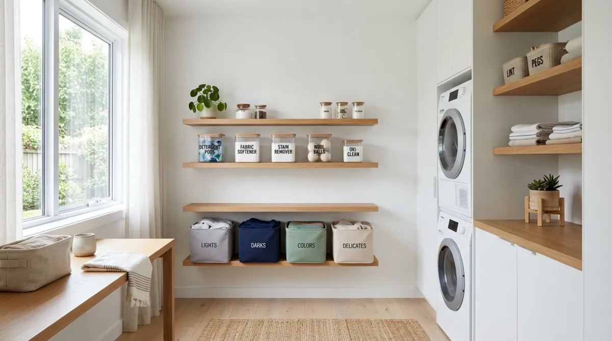 Neatly arranged laundry room with color-coded storage, transparent containers, wood shelves, and bright natural light.