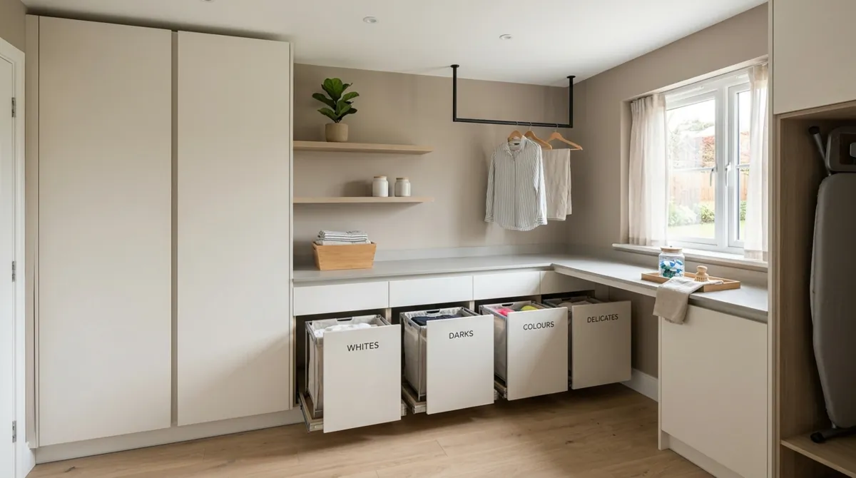 Sleek laundry room with concealed appliances, folding station, pull-out sorters, and soft neutral tones.