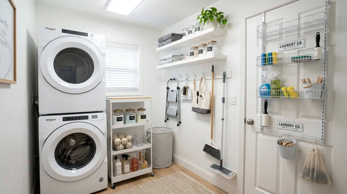 Small organized laundry room with over-door storage, stacked machines, wall hooks, slim rolling cart, and bright light.