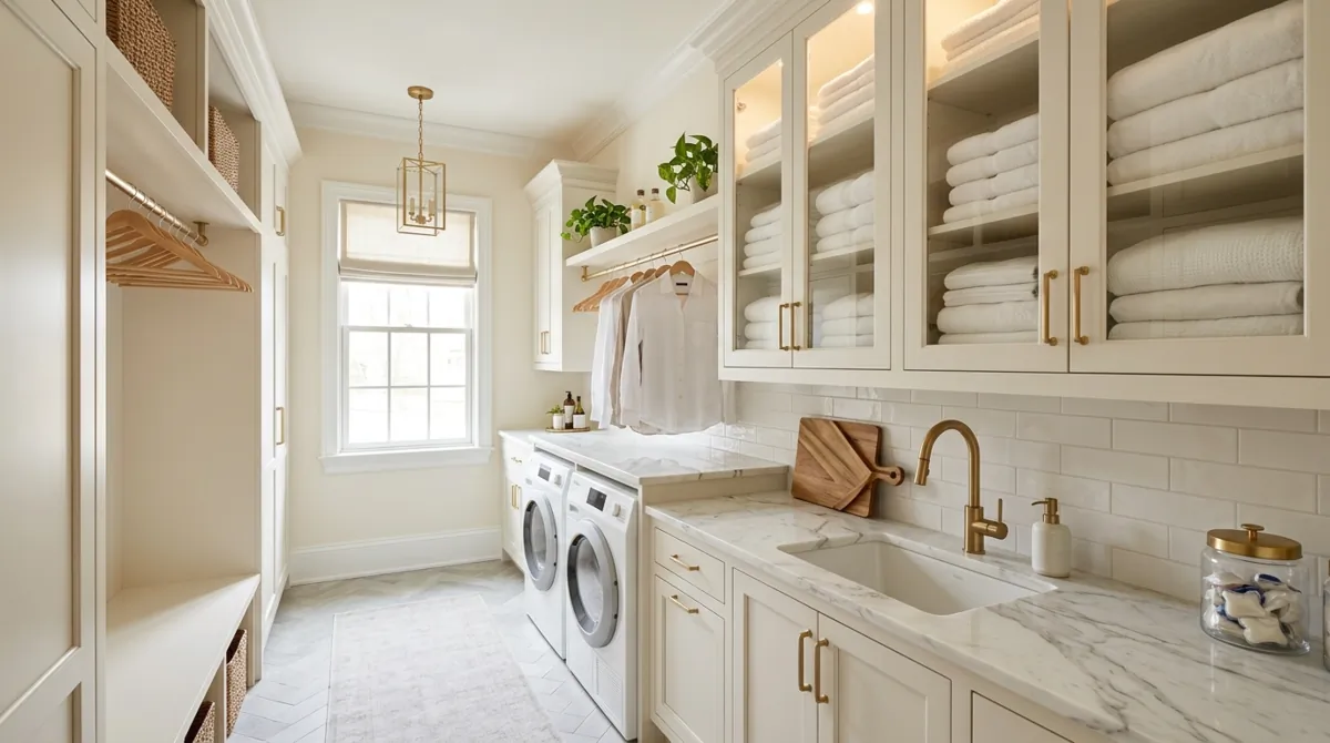 Elegant tidy laundry room with glass-front cabinets, marble countertop, gold hardware, and warm hotel-style lighting.