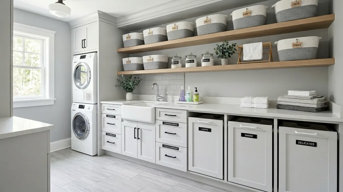 Functional laundry room with labeled drawers, built-in hampers, uniform baskets, and gray-white palette.