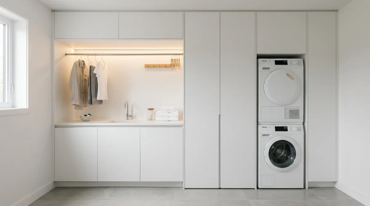 Minimal organized laundry space with hidden storage, stacked washer dryer, seamless white surfaces, and LED strip lighting.