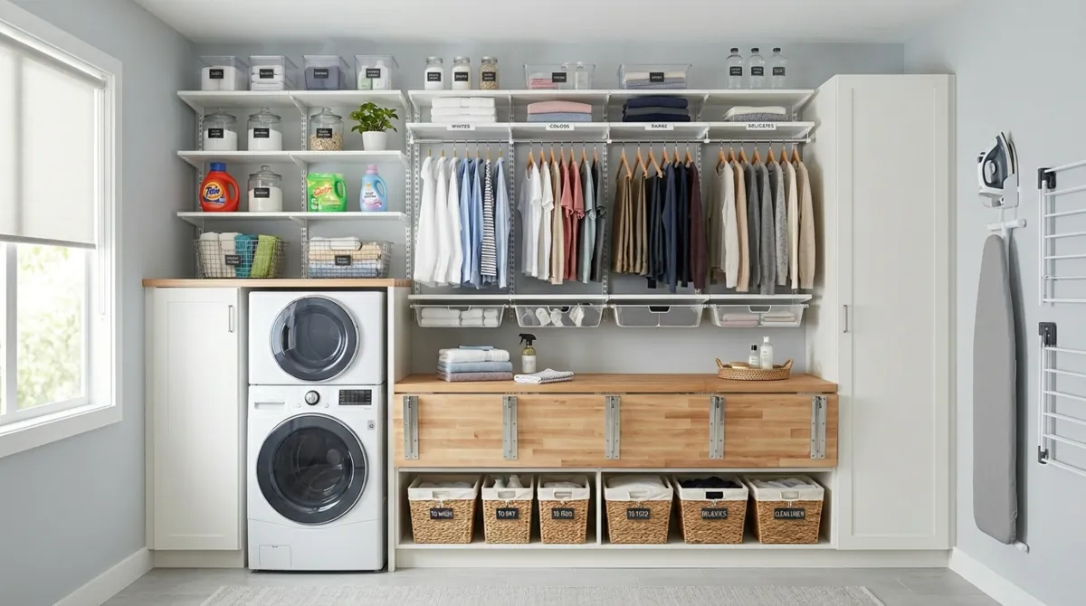 Efficient laundry room with vertical shelves, hanging rod, foldable counter, woven baskets, and bright lighting.