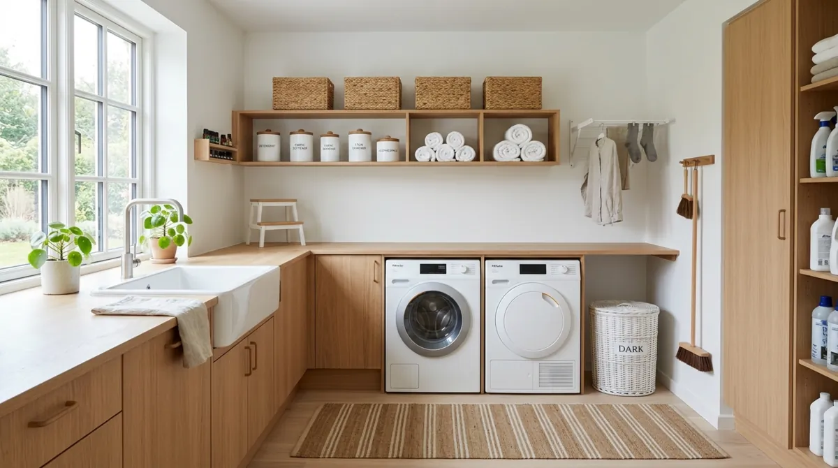 Scandinavian laundry room with light wood cabinetry, white walls, matching containers, and soft natural light.