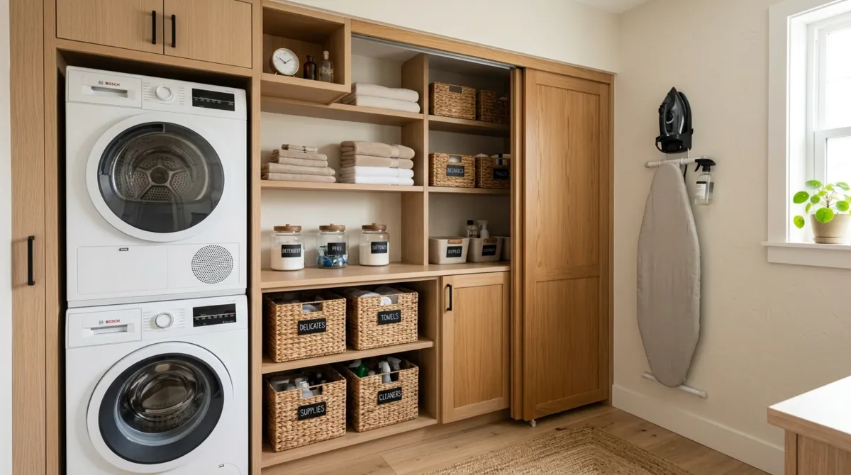 Small organized laundry corner with sliding cabinetry, compact appliances, labeled baskets, ironing board, and neutral tones.