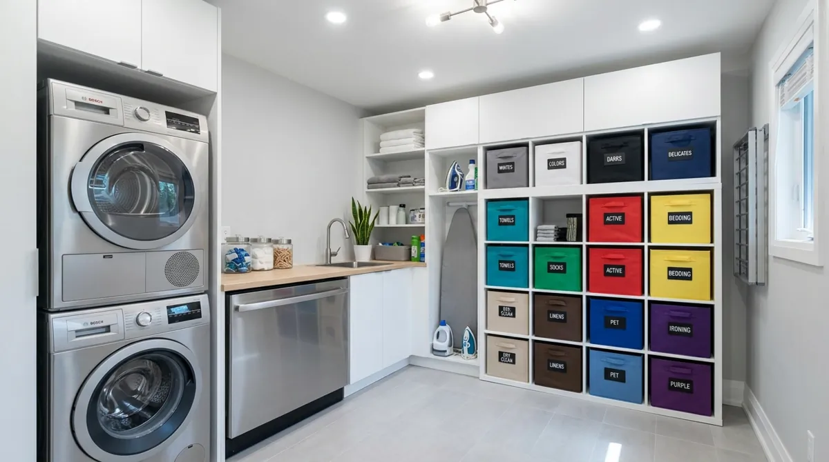 Ultra tidy laundry room with modular cubes, color-coded bins, stainless appliances, and bright overhead lighting.