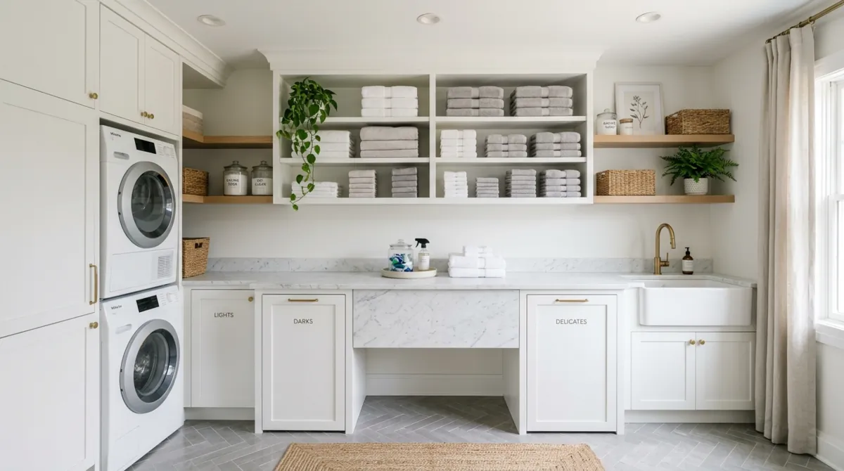 Perfectly organized laundry room with symmetrical shelving, folded towels, concealed hampers, marble counter, and ambient light.