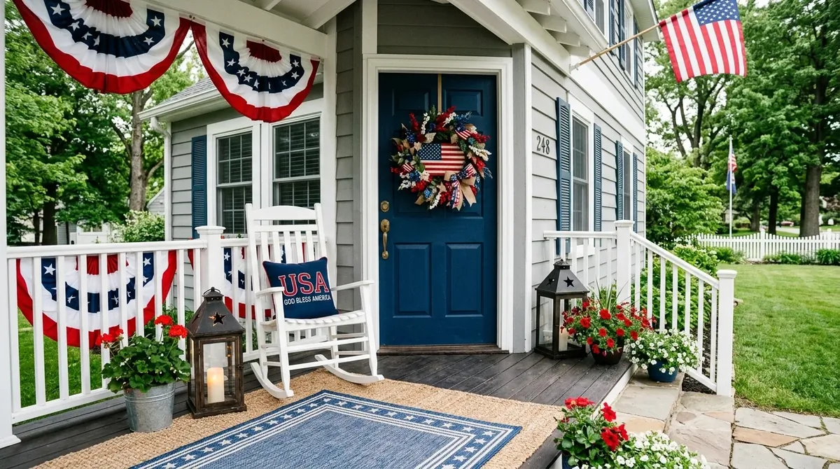 Patriotic front porch with bunting, American flag wreath, lanterns, and layered rugs.