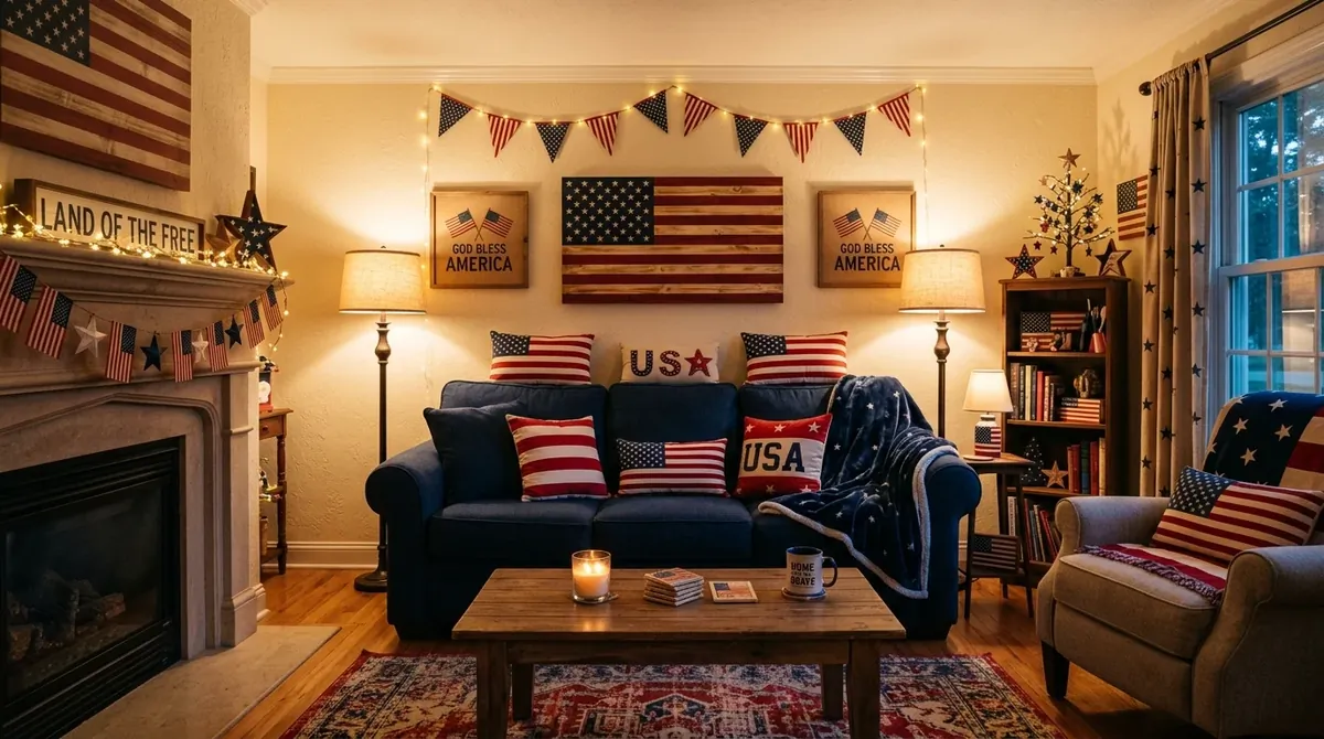 Living room with navy sofa, striped pillows, flag art, and soft warm lighting.