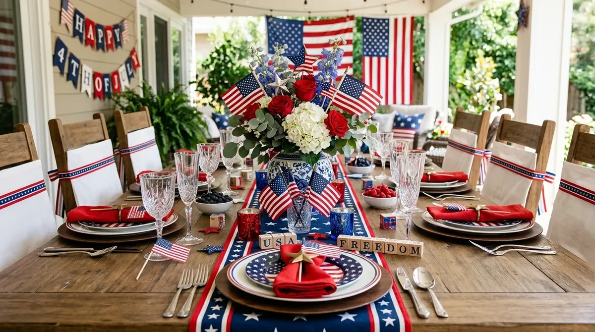 Dining table with patriotic runner, miniature flags, red-white-blue centerpiece, and glassware.