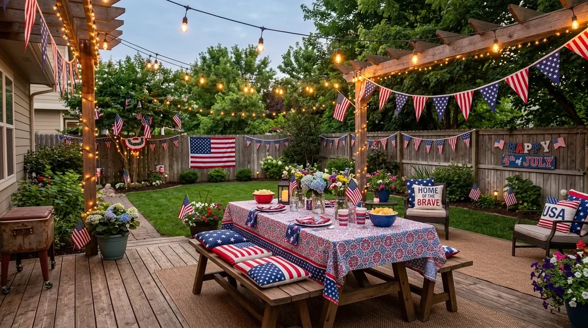 Outdoor 4th of July setup with string lights, banners, picnic table decor, and flag-themed cushions.