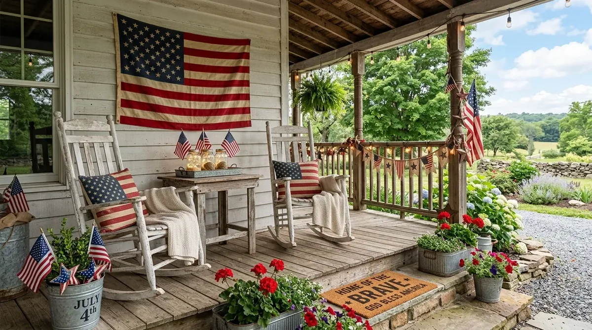 Rustic farmhouse porch with rocking chairs, distressed flags, mason jar lanterns, and galvanized accents.