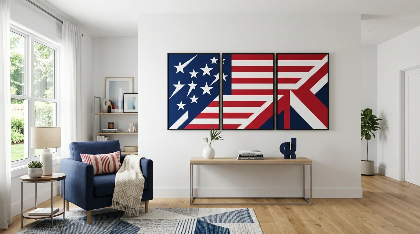 Modern patriotic decor with clean red-white-blue palette, geometric wall art, and contemporary styling.