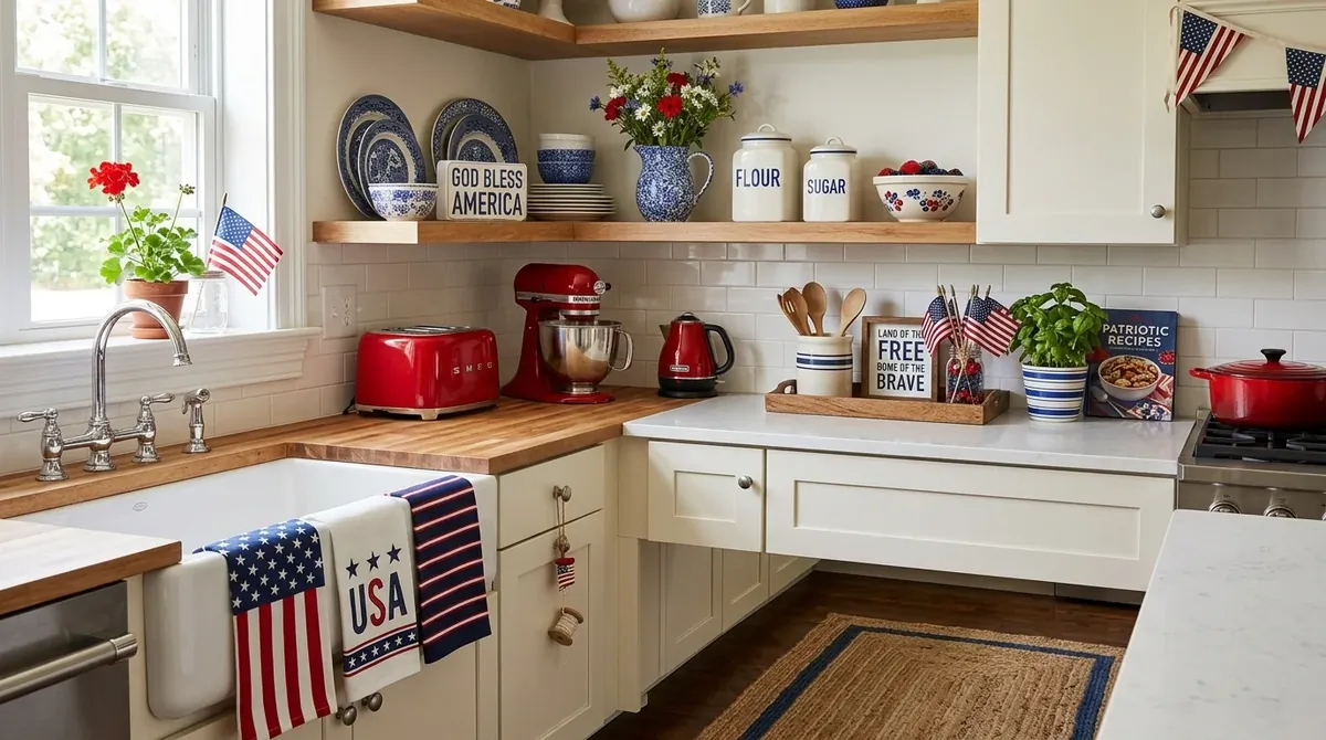 Kitchen with flag towels, red appliance accents, blue-and-white ceramics, and seasonal counter styling.