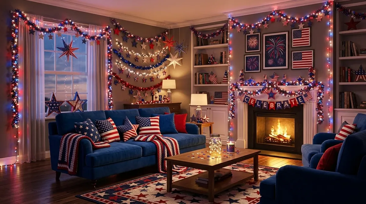 Living room with star cushions, red-white-blue LED glow, and festive garlands.