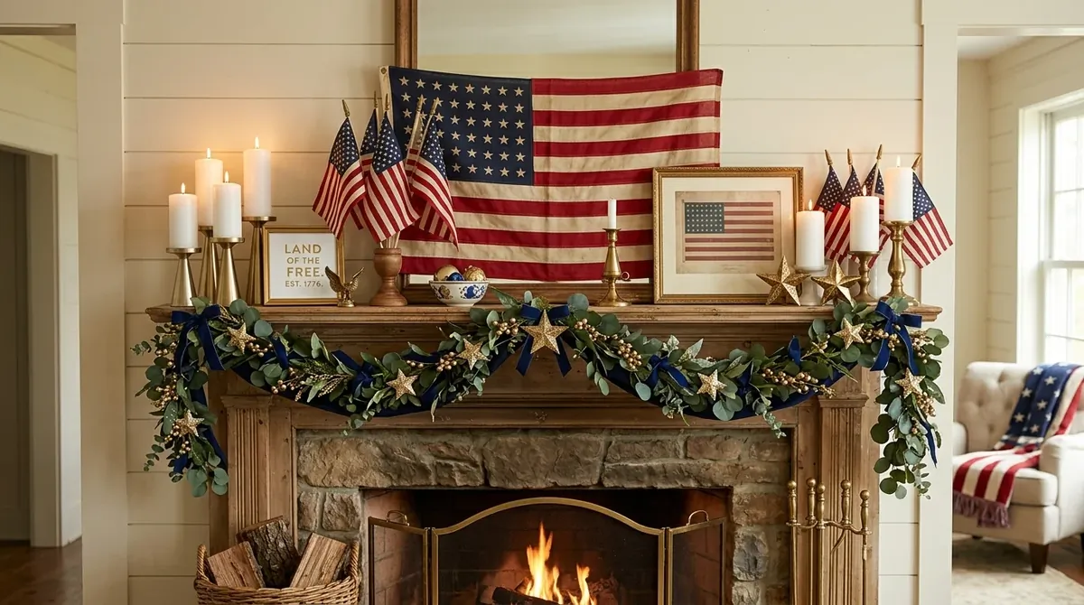 4th of July mantel with layered flags, white candles, navy garland, and gold accents.