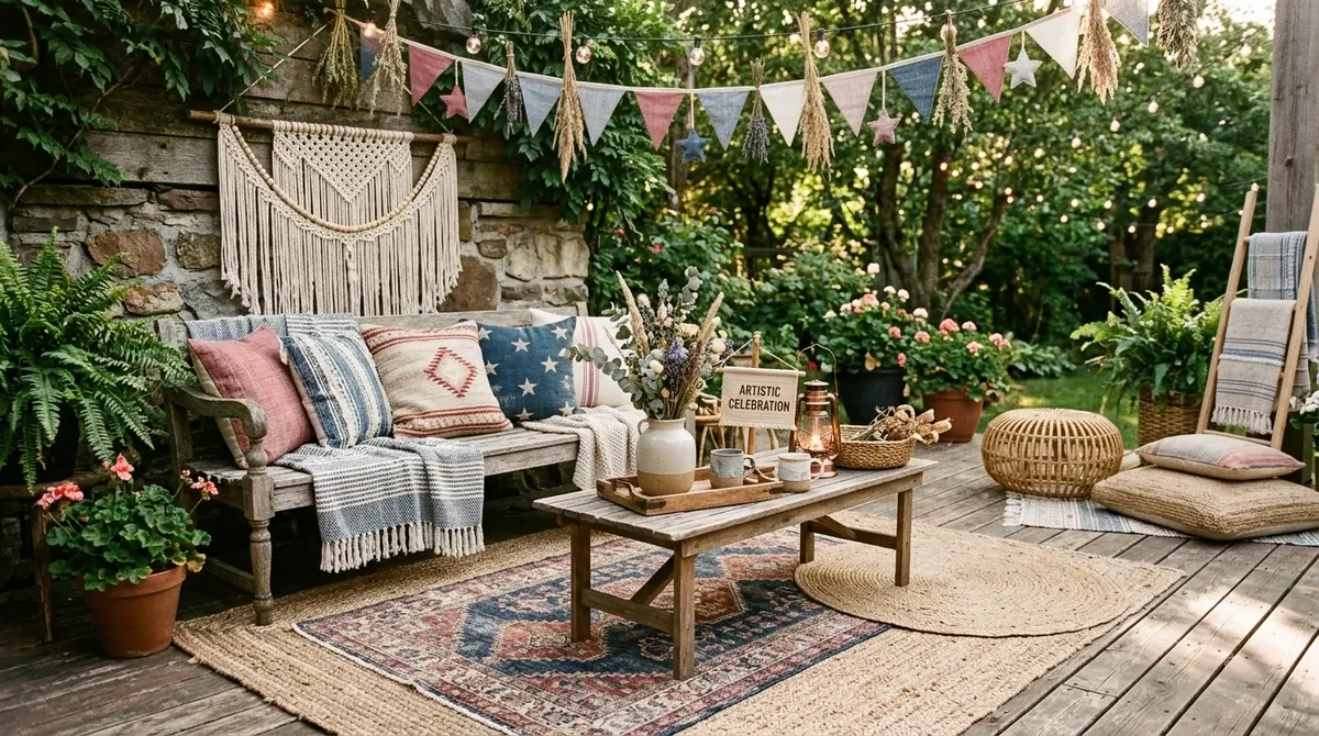 Boho 4th of July decor with woven textures, muted red-white-blue tones, layered rugs, and relaxed styling.