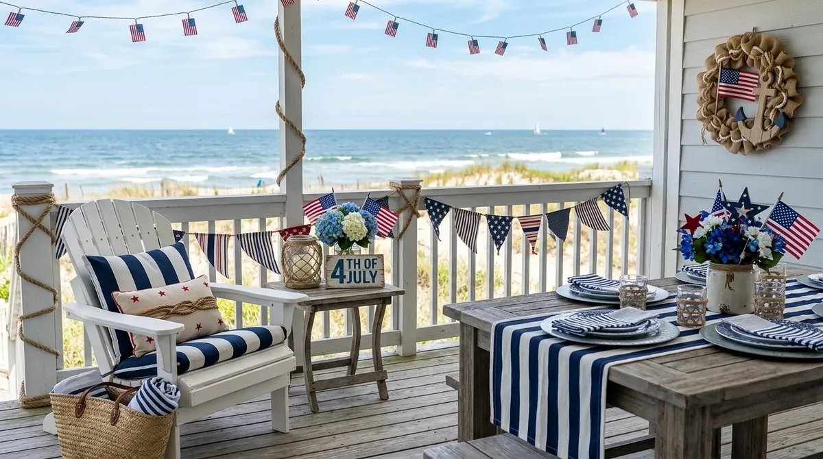Coastal patriotic decor with navy tones, rope accents, striped fabrics, and subtle flag details.