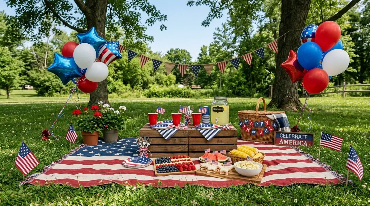 Outdoor picnic with patriotic tableware, balloons, striped blankets, and festive food styling.