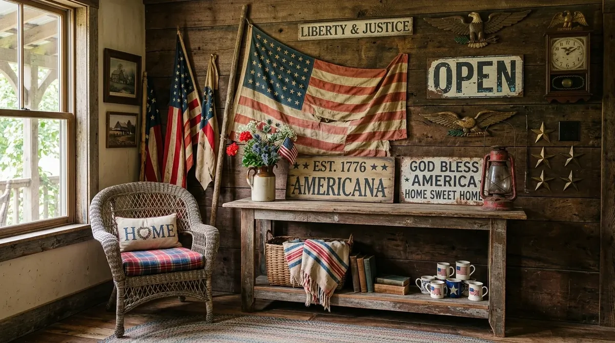 Vintage Americana decor with classic flags, old signage, rustic wood, and nostalgic red-white-blue accents.