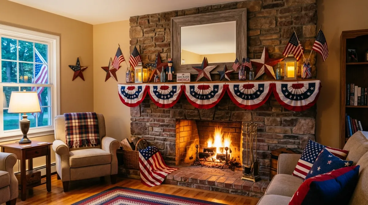 4th of July mantel with bunting, flags, stars, and lanterns.