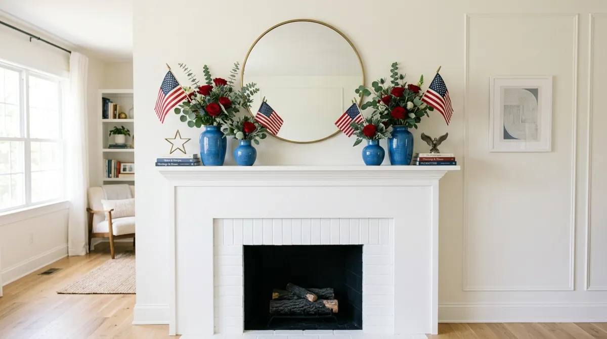 Modern patriotic mantel with blue vases, red flowers, and white fireplace.