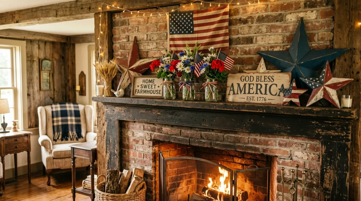 Rustic farmhouse mantel with wooden stars and mason jar flowers.