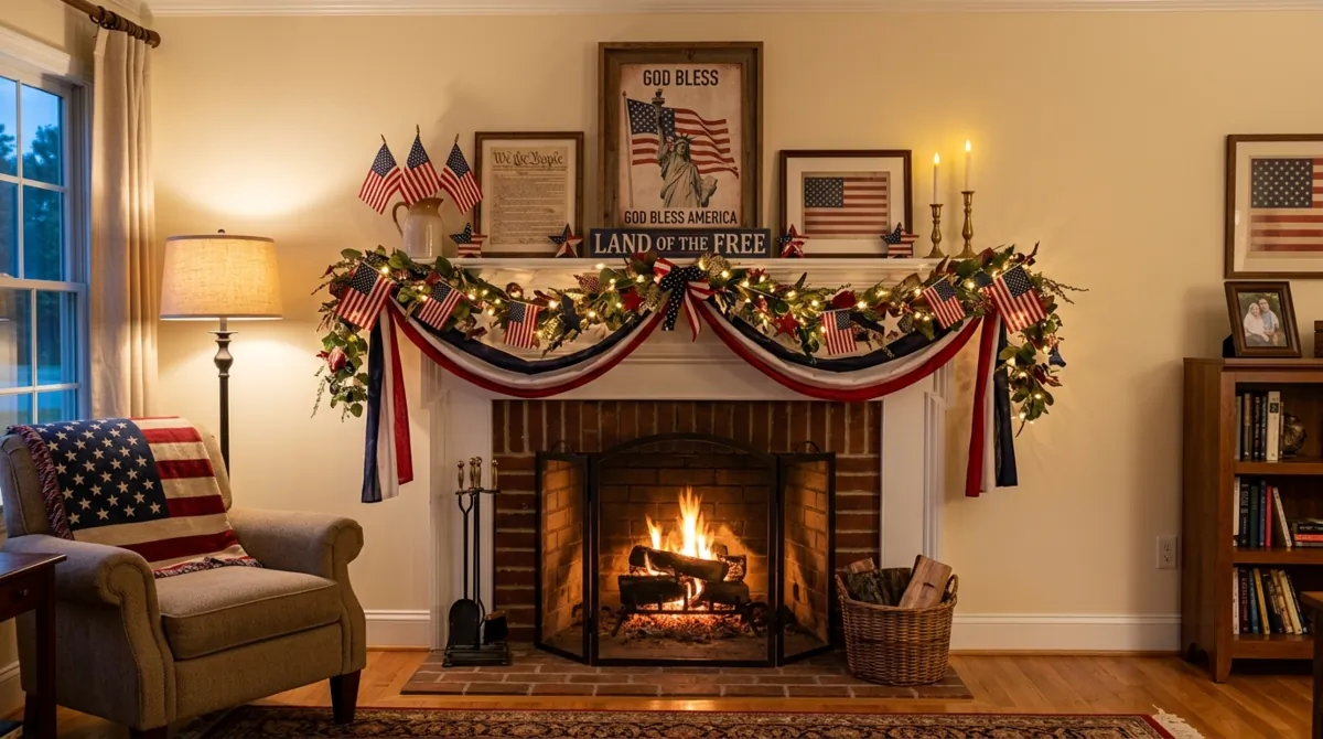 Traditional patriotic mantel with flag garlands and framed artwork.