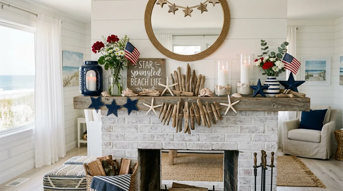 Coastal 4th of July mantel with driftwood, navy decor, and white candles.