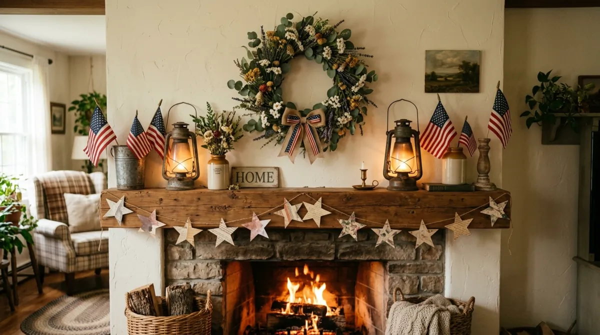 Cottage mantel with paper star garland, flags, lanterns, and wreath.
