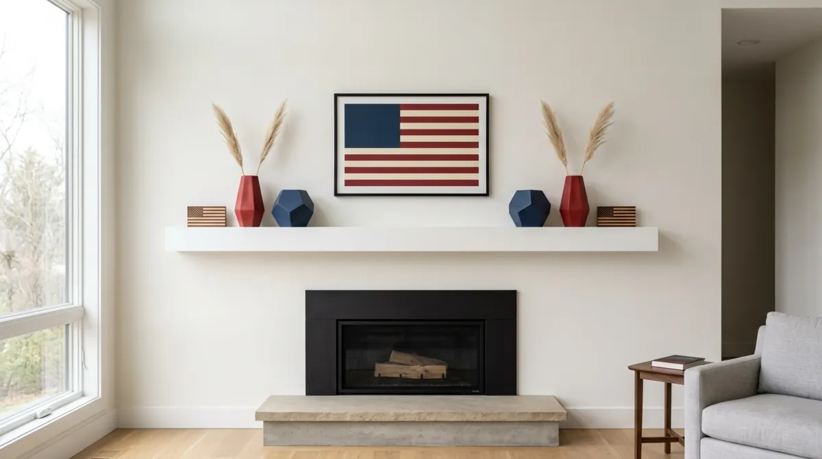 Minimal patriotic mantel with geometric red and blue decor.