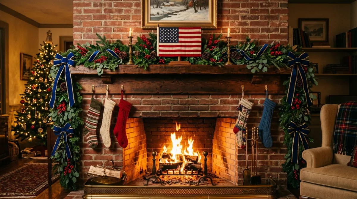 Brick fireplace mantel decorated with greenery, red berries, ribbons, and flag centerpiece.