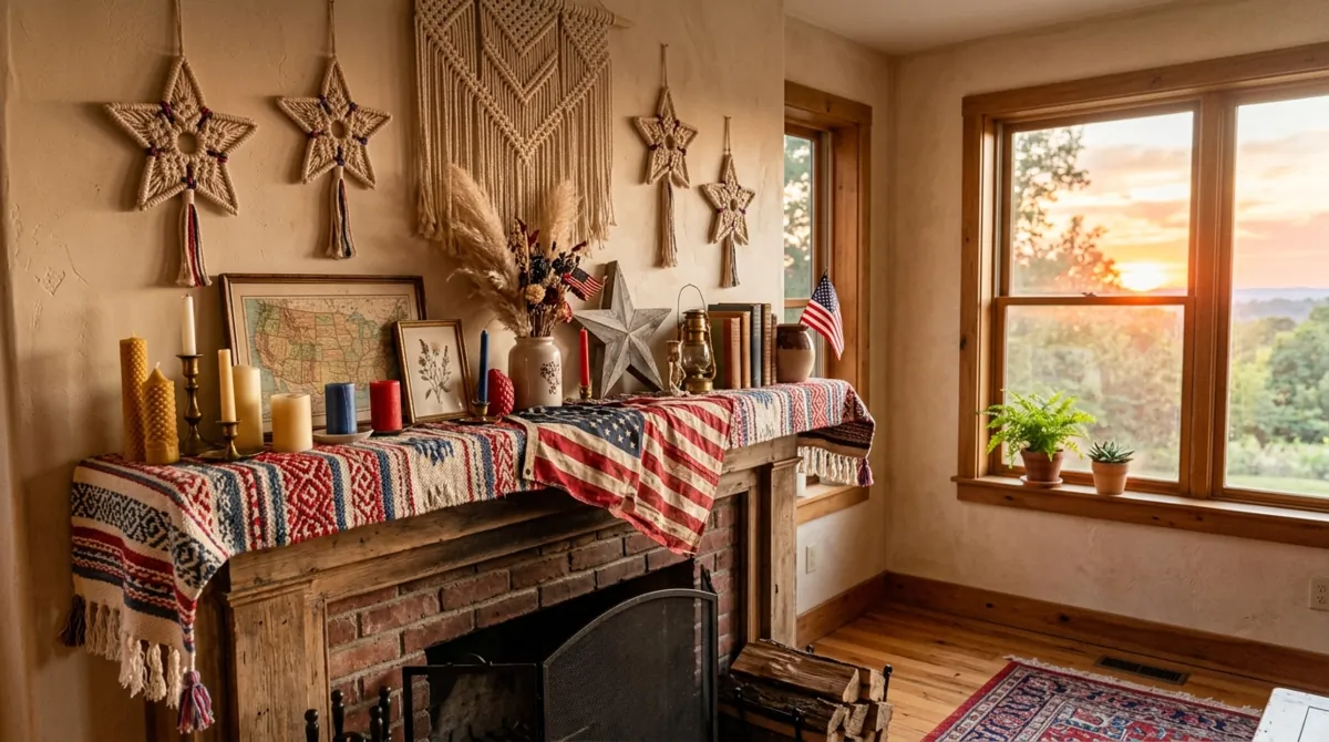 Bohemian patriotic mantel with woven textiles, candles, and macrame stars.