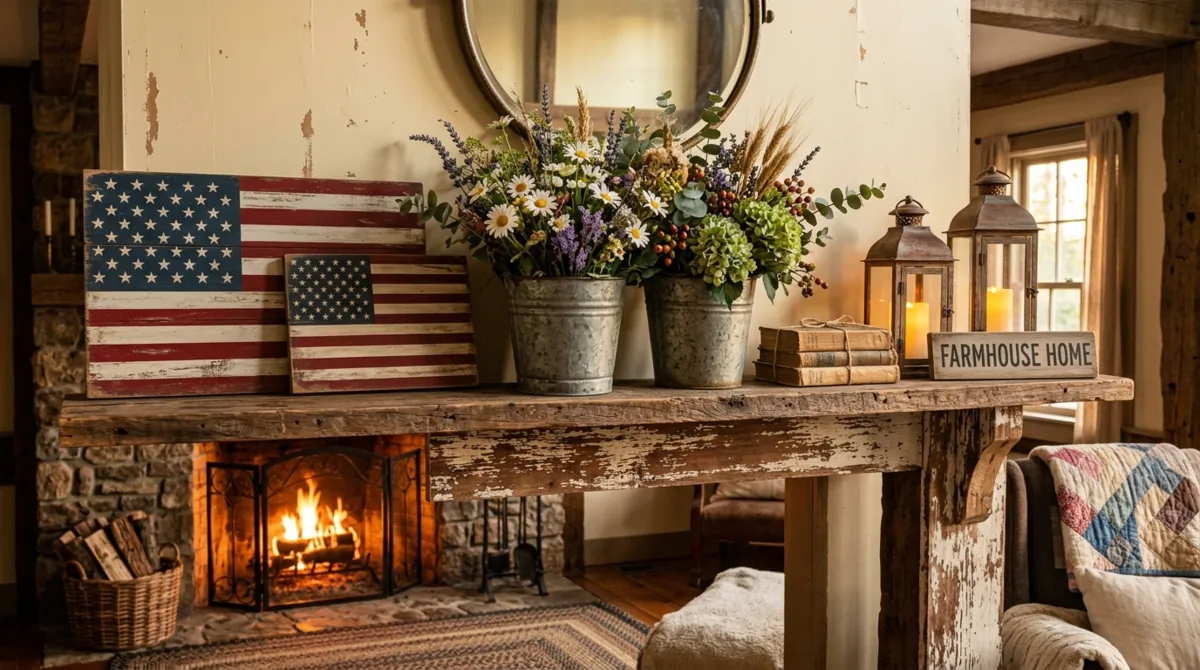 Farmhouse Americana mantel with galvanized buckets, flowers, wood flag signs, and lanterns.