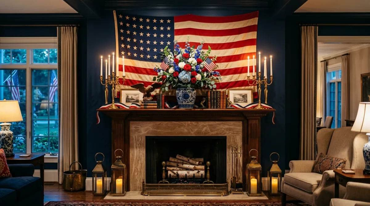 Grand living room mantel with oversized flag backdrop and elegant flowers.