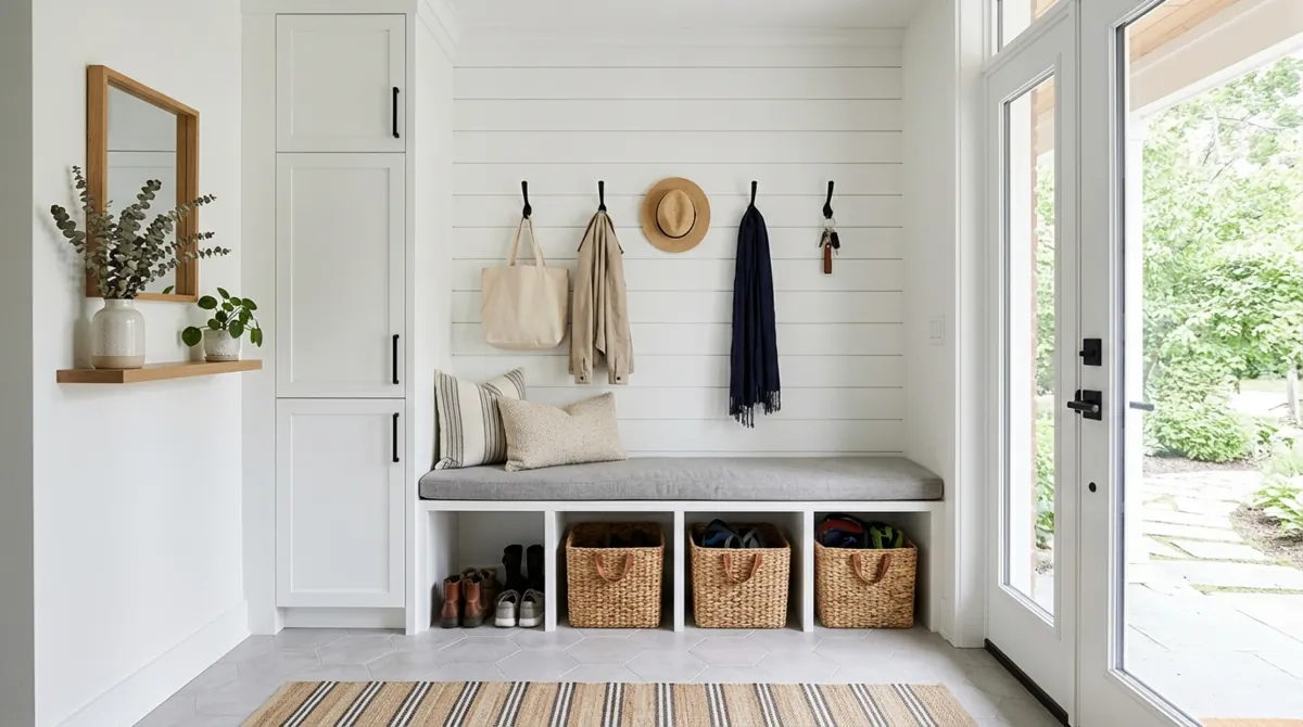 Practical mudroom bench with hooks, baskets, cubbies, cushions, and shoe storage.