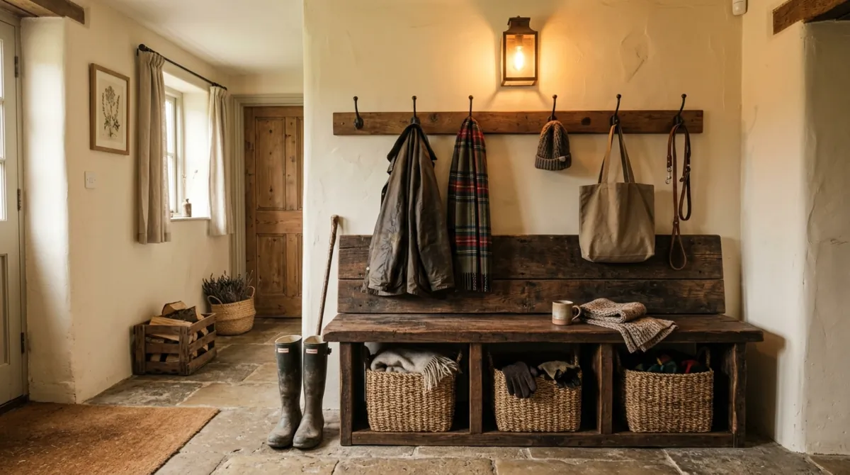 Mudroom bench with drawers, hooks, and organized entry storage.