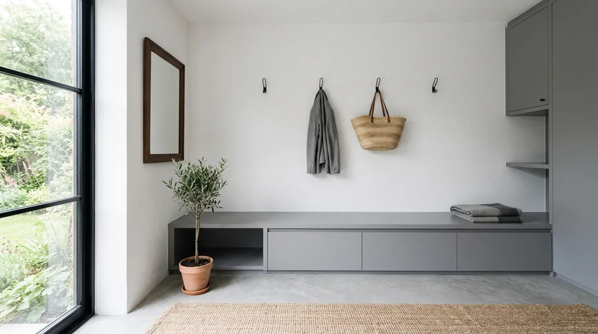 Farmhouse mudroom bench with wood seat, baskets, hooks, and shiplap.
