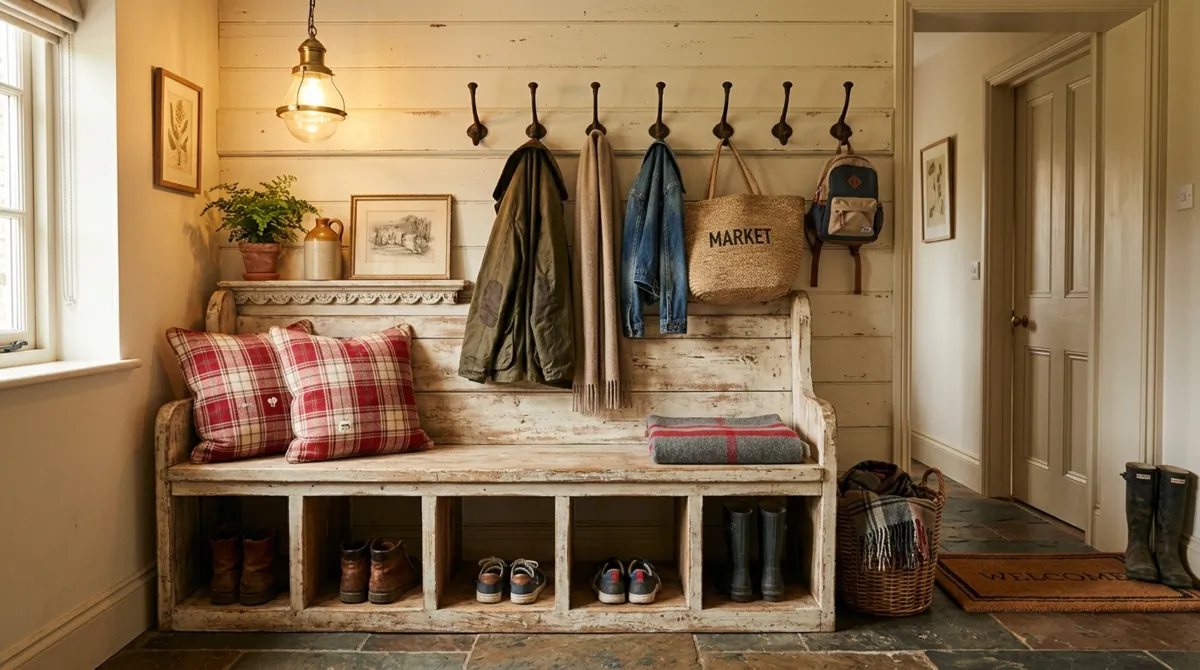 Family mudroom bench with cushion, cubbies, hooks, and storage baskets.